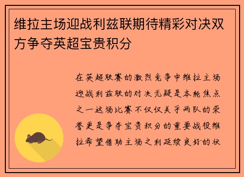 维拉主场迎战利兹联期待精彩对决双方争夺英超宝贵积分